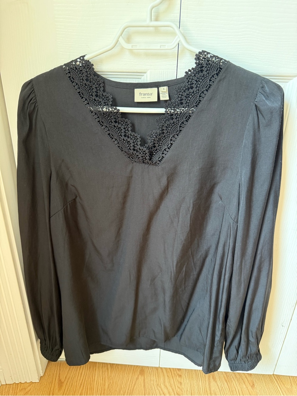 Fransa Black Lace-Trim V-Neck Blouse